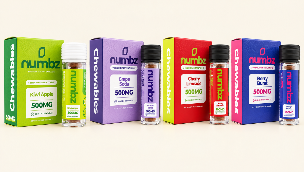 Numbz chewable tablets lineup — Kiwi Apple, Grape Soda, Cherry Limeade, Berry Burst